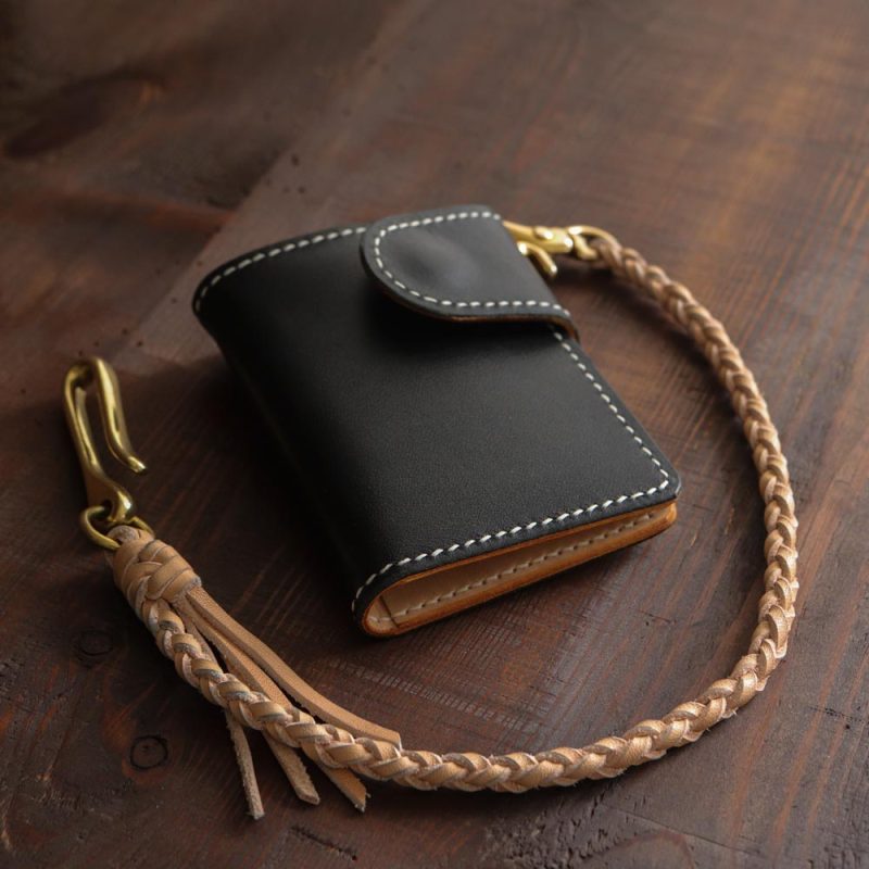 Leather Biker Wallet Black With Braided Lanyard
