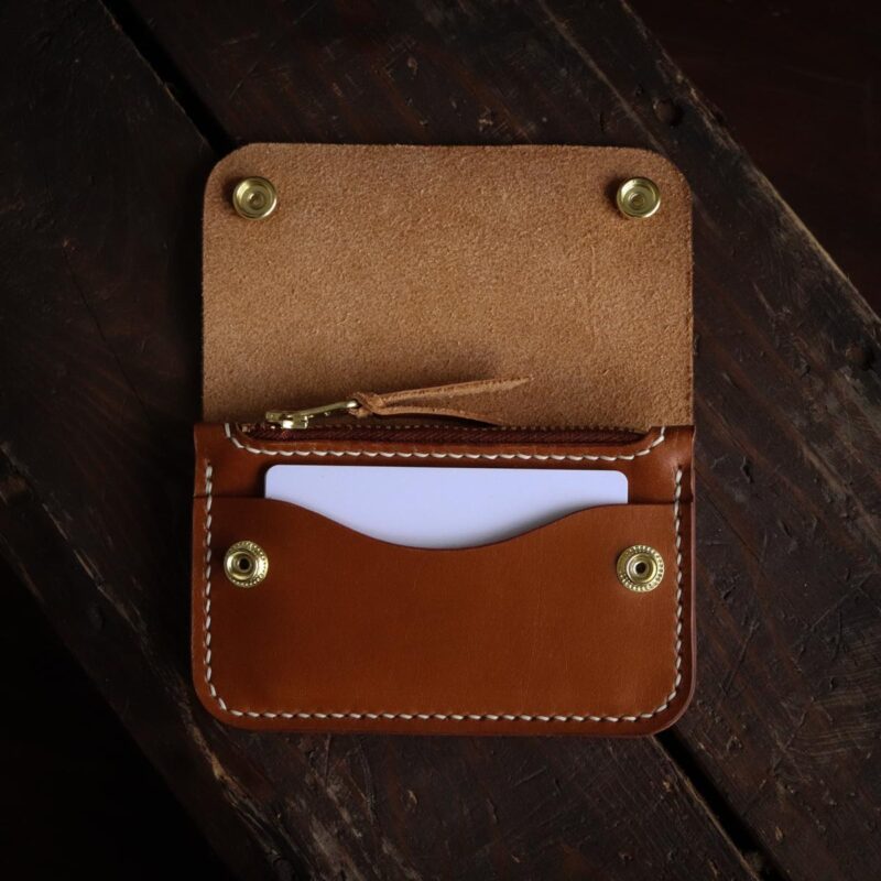 Leather trucker wallet brown with card open