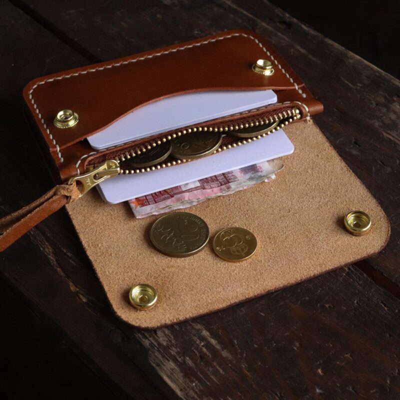 Leather trucker wallet brown with coins open